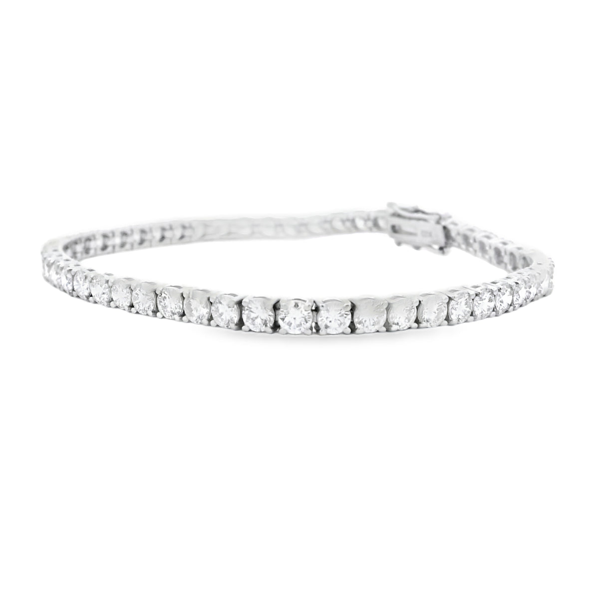 18k White Gold 6.55ctw Round Brilliant Natural Diamond Tennis Bracelet — front view, clasp closed