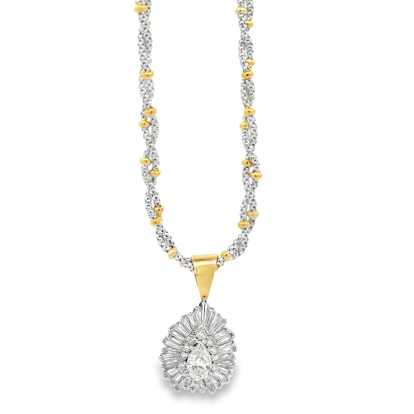 14k Two-Tone Gold 3.00ctw Pear, Round & Baguette Diamond Pendant Necklace — front view