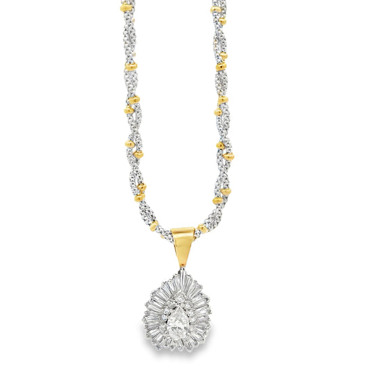 14k Two-Tone Gold 3.00ctw Pear, Round & Baguette Diamond Pendant Necklace — front view
