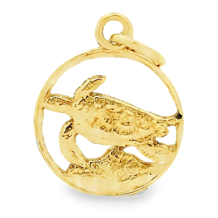 14k Yellow Gold Turtle Charm Pendant in Circular Frame — front view
