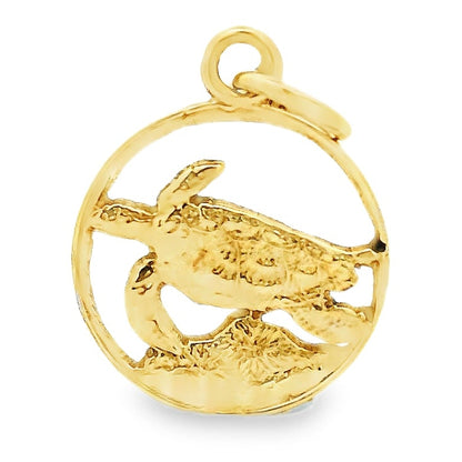 14k Yellow Gold Turtle Charm Pendant in Circular Frame — front view