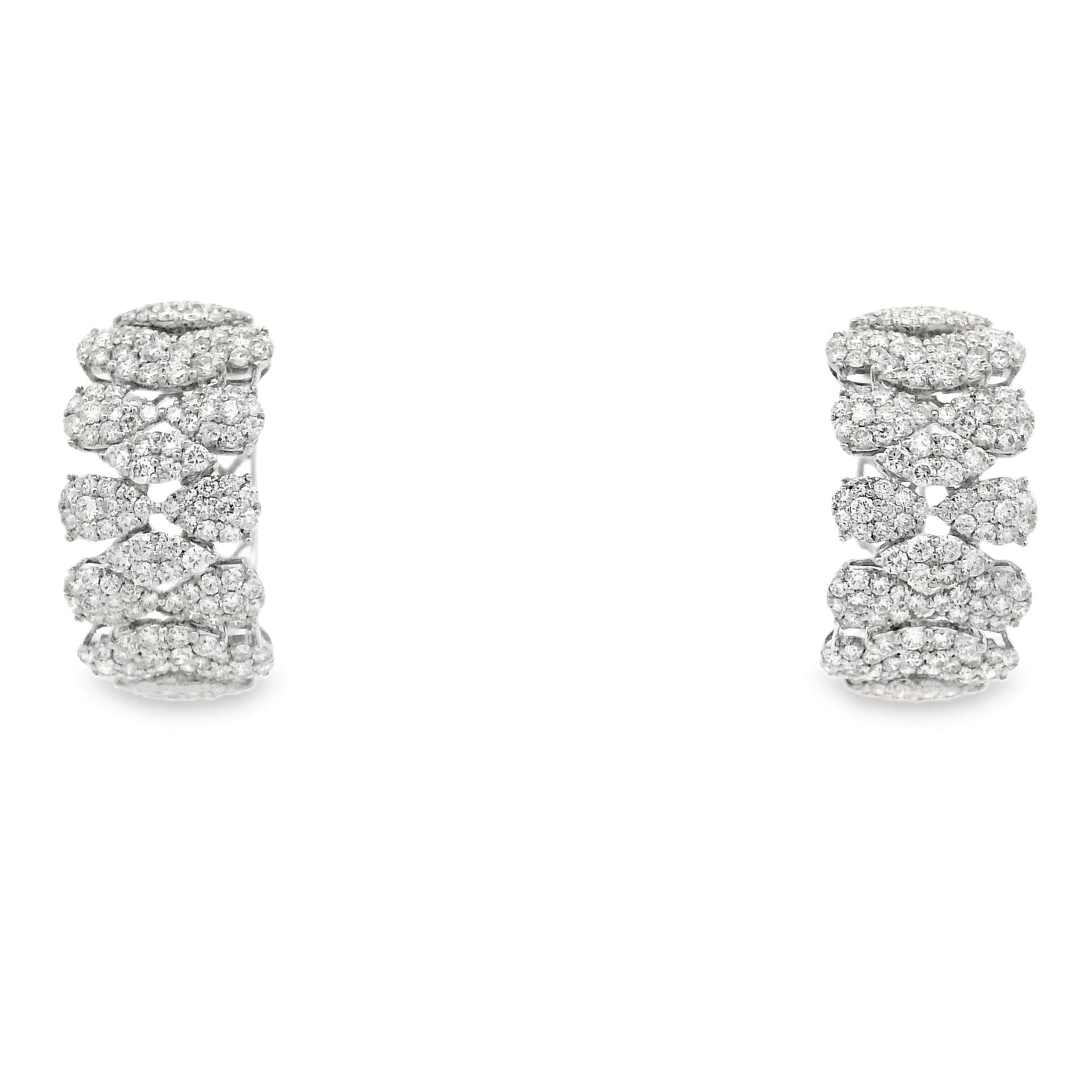 18k White Gold 5.97ctw Round Brilliant Diamond Cluster Pavé Hoop Earrings — front view, pair shown