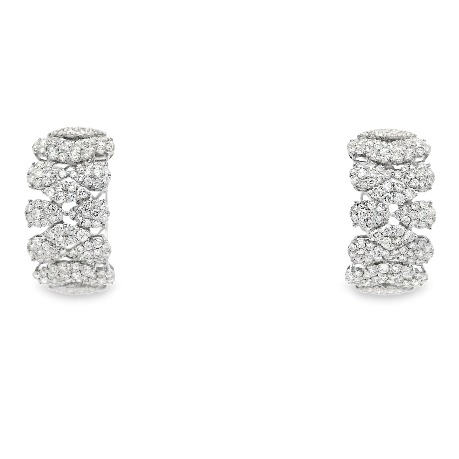 18k White Gold 5.97ctw Round Brilliant Diamond Cluster Pavé Hoop Earrings — front view, pair shown