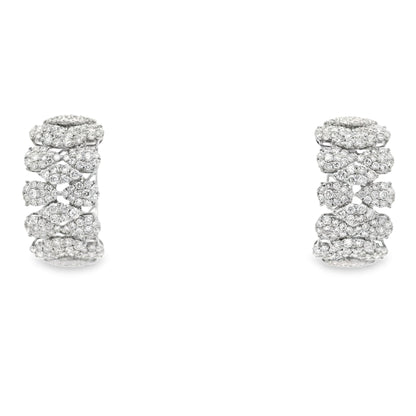 18k White Gold 5.97ctw Round Brilliant Diamond Cluster Pavé Hoop Earrings — front view, pair shown