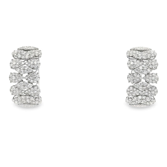 18k White Gold 5.97ctw Round Brilliant Diamond Cluster Pavé Hoop Earrings — front view, pair shown