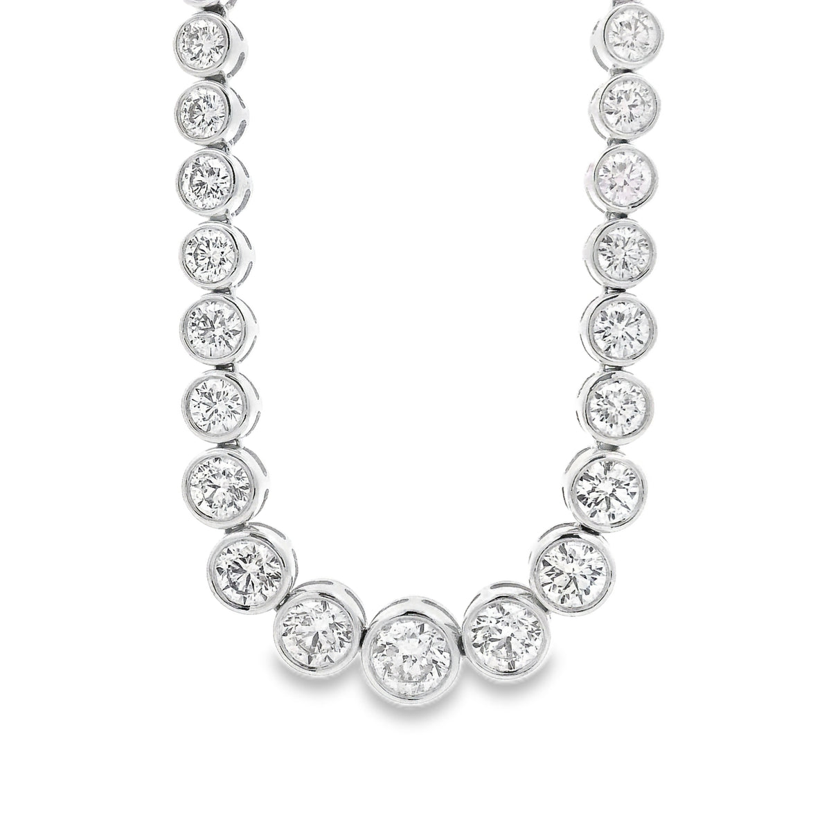 18k White Gold 6.54ctw Round Natural Diamond Half-Way Bezel Set Tennis Necklace 17" — front view