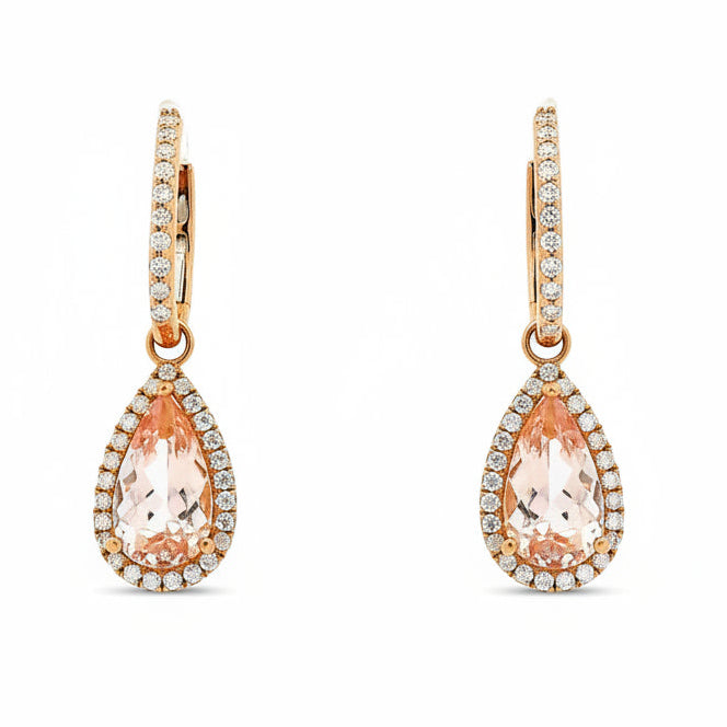 14k Rose Gold 3.44ctw Pear Cut Morganite and 0.49ctw Diamond Pavé Halo Drop Earrings — front view, pair shown