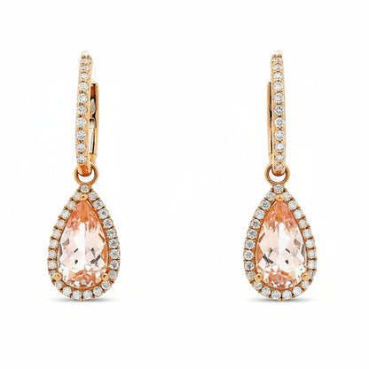 14k Rose Gold 3.44ctw Pear Cut Morganite and 0.49ctw Diamond Pavé Halo Drop Earrings — front view, pair shown