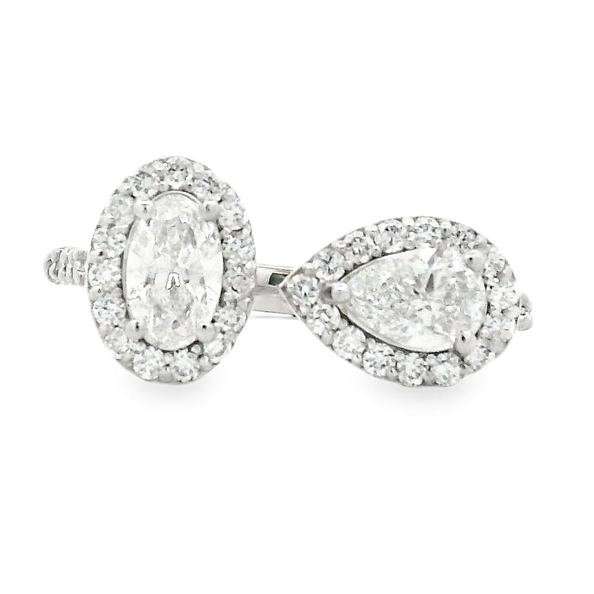14k White Gold 1.49ctw Oval & Pear Cut Diamond Pavé Halo Toi et Moi Ring — top-down view