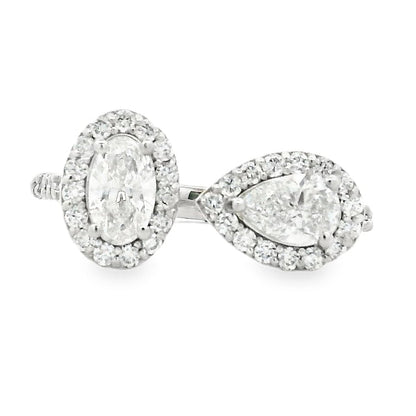 14k White Gold 1.49ctw Oval & Pear Cut Diamond Pavé Halo Toi et Moi Ring — top-down view