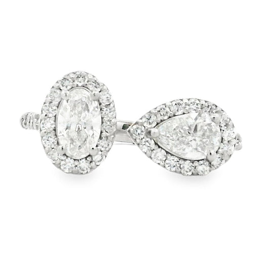 14k White Gold 1.49ctw Oval & Pear Cut Diamond Pavé Halo Toi et Moi Ring — top-down view