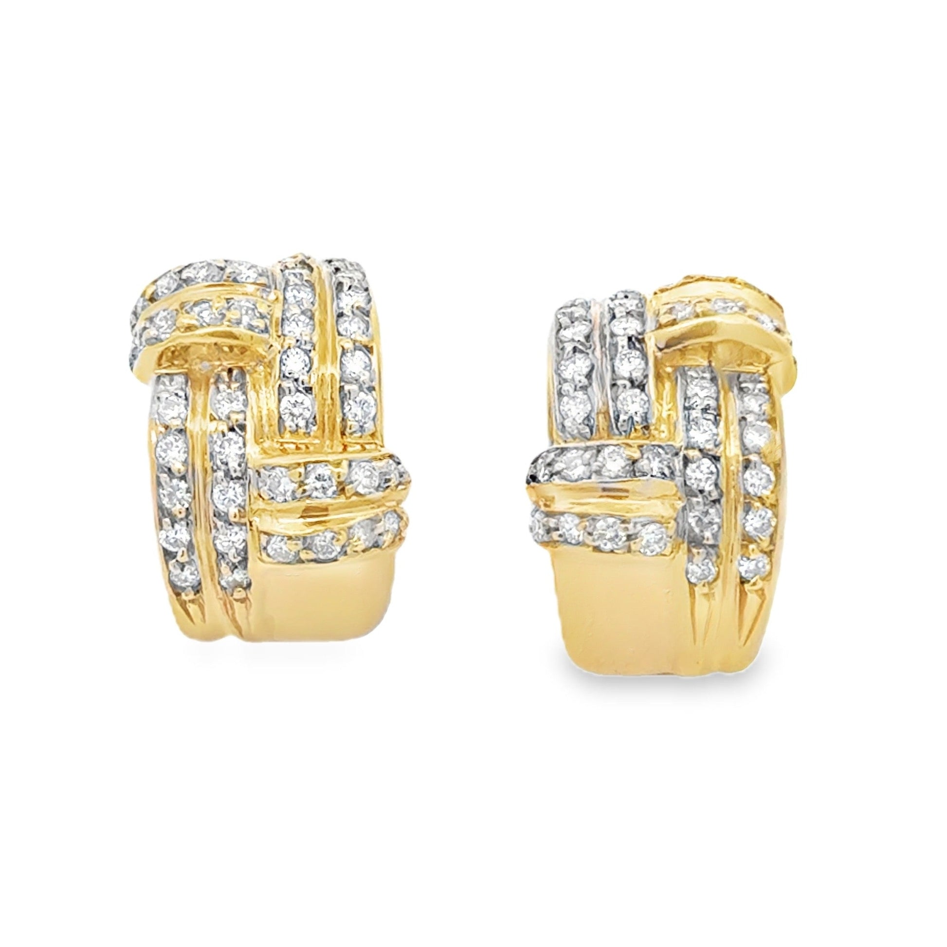 14k Yellow Gold 0.75ctw Round Brilliant Diamond Crossover Hoop Earrings — front view, pair shown