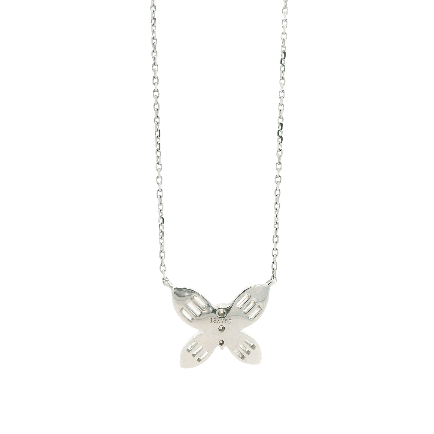 18k White Gold 0.79ctw Natural Round & Baguette Diamond Butterfly Pendant Necklace — left three-quarter angle