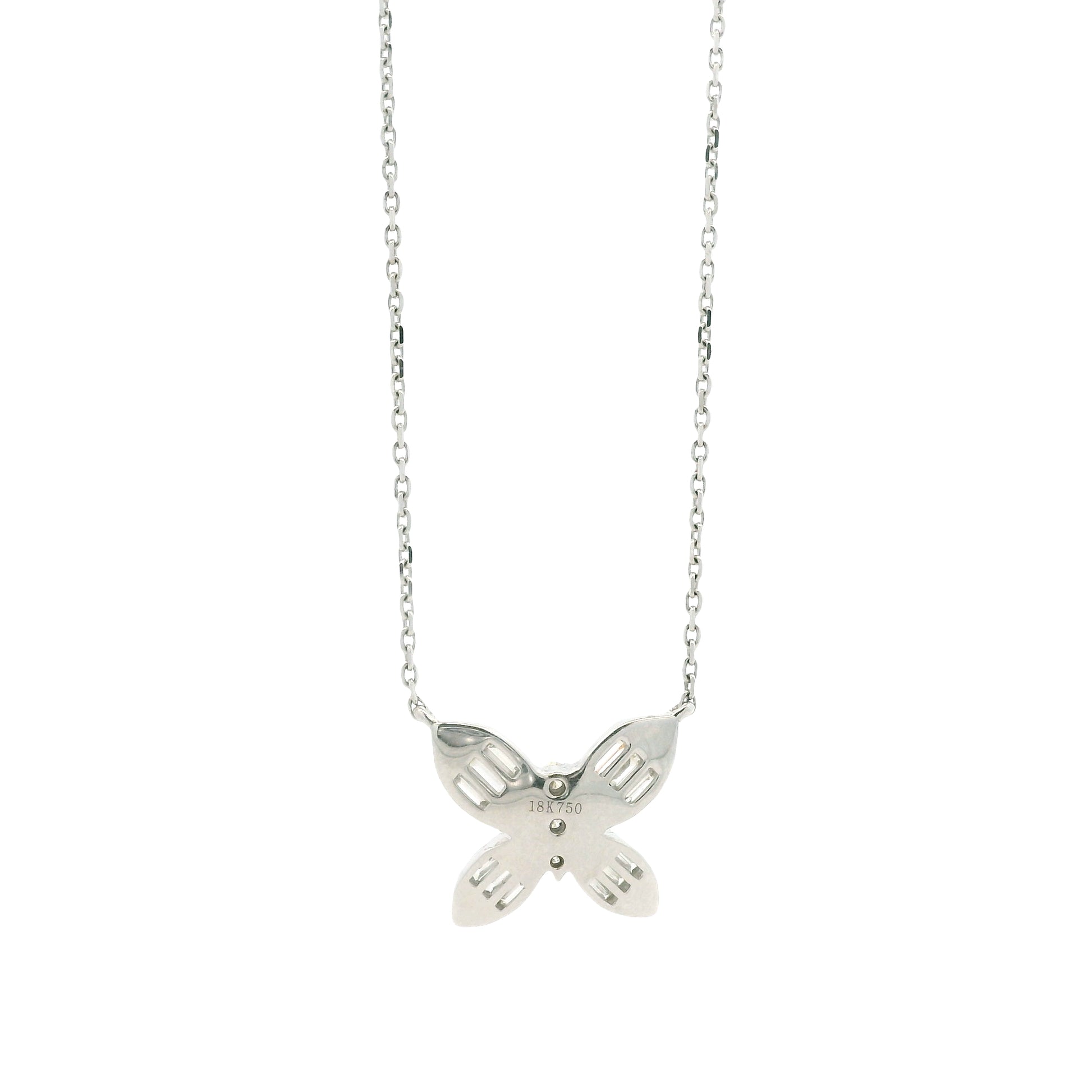 18k White Gold 0.79ctw Natural Round & Baguette Diamond Butterfly Pendant Necklace — left three-quarter angle