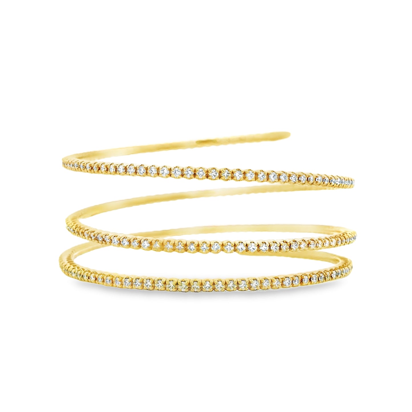 14k Yellow Gold 5.42ctw Natural Round Brilliant Diamond Triple Coil Bangle Bracelet — left three-quarter angle