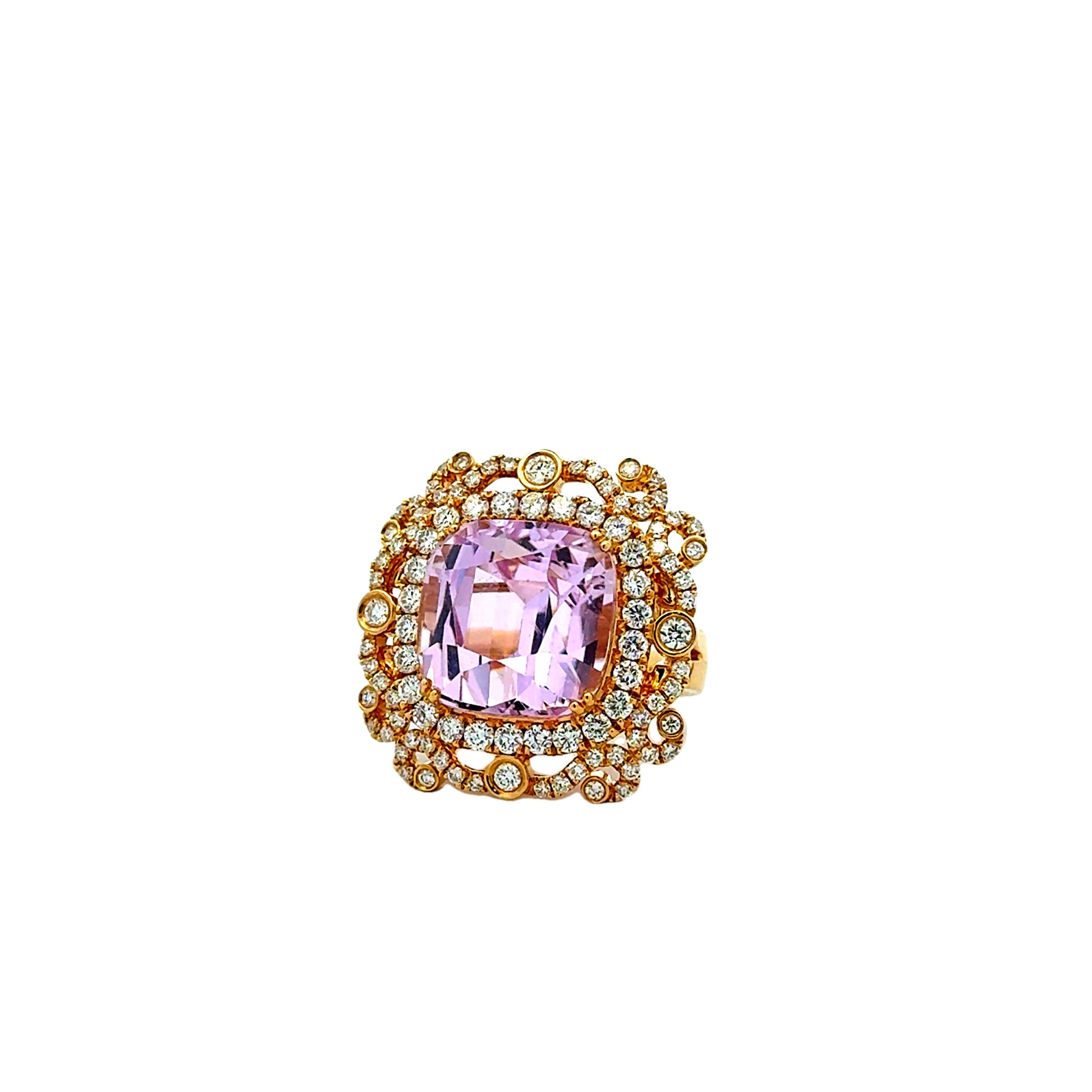 18k Yellow Gold GIA Certified 17.51ct Kunzite and 1.97ctw Diamond Halo Ring — left three-quarter angle