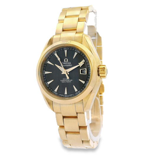 Omega 231.50.30.20.06.002 Seamaster Aqua Terra 30mm Grey Dial 18k Yellow Gold Watch — left side three-quarter view