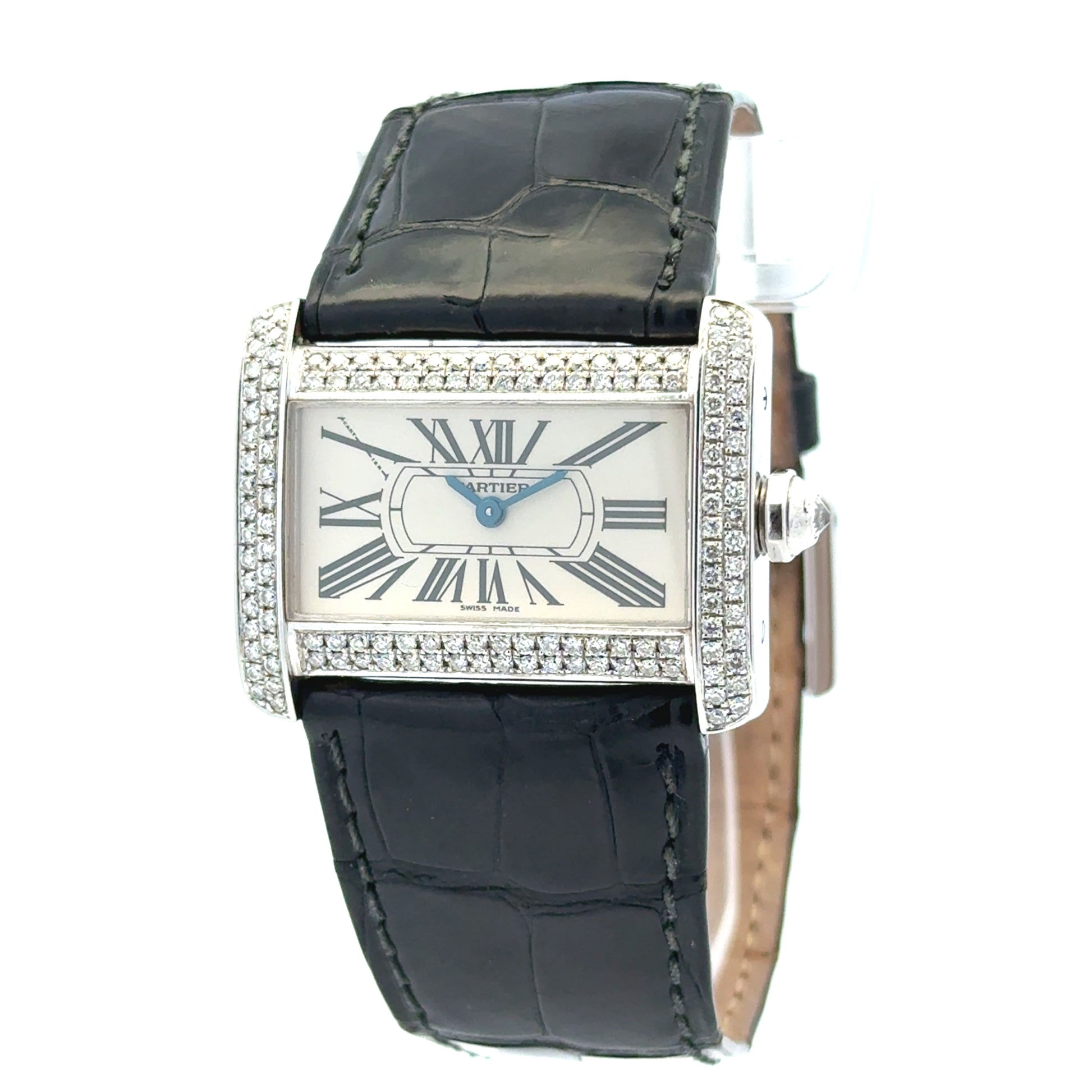 Cartier Tank Divan Mini 32mm Aftermarket Diamond Bezel Stainless Steel Watch — left side three-quarter view