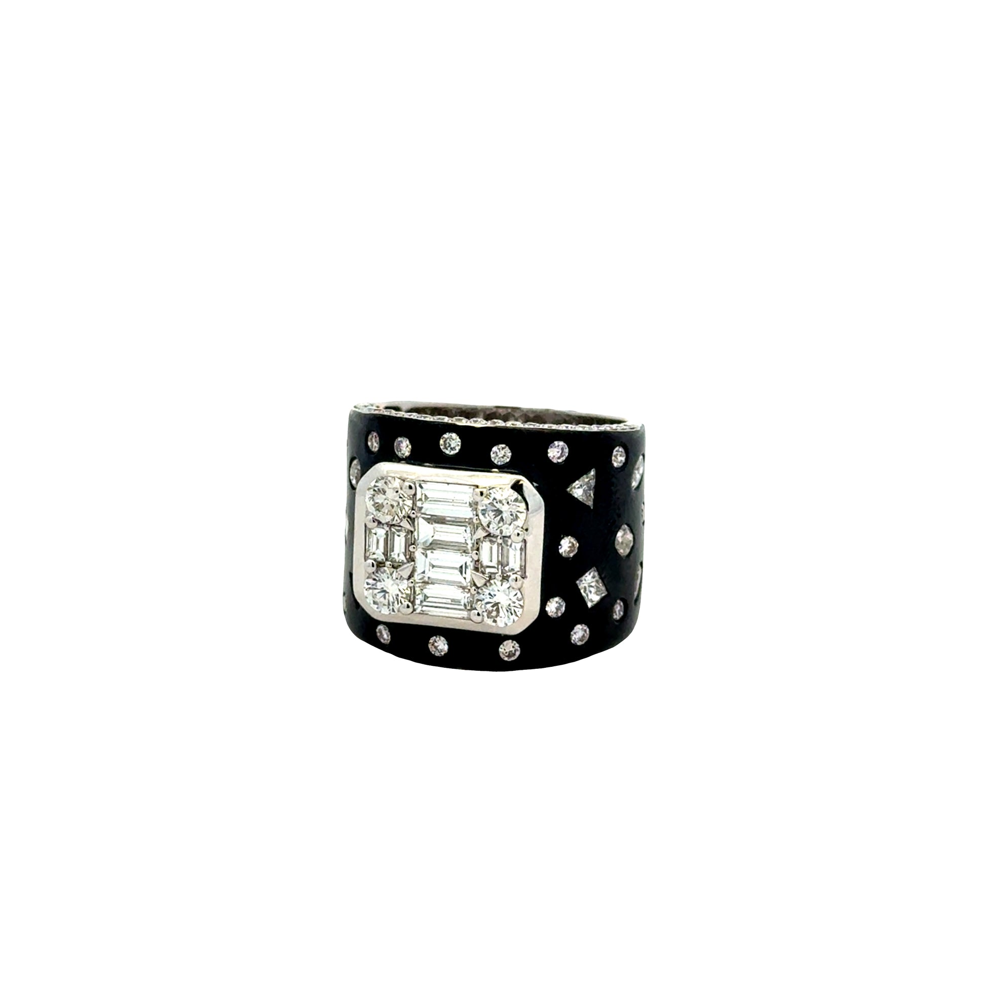 18k White Gold 2.75ctw Round Brilliant and Baguette Diamond Black Enamel Cocktail Ring — left three-quarter angle