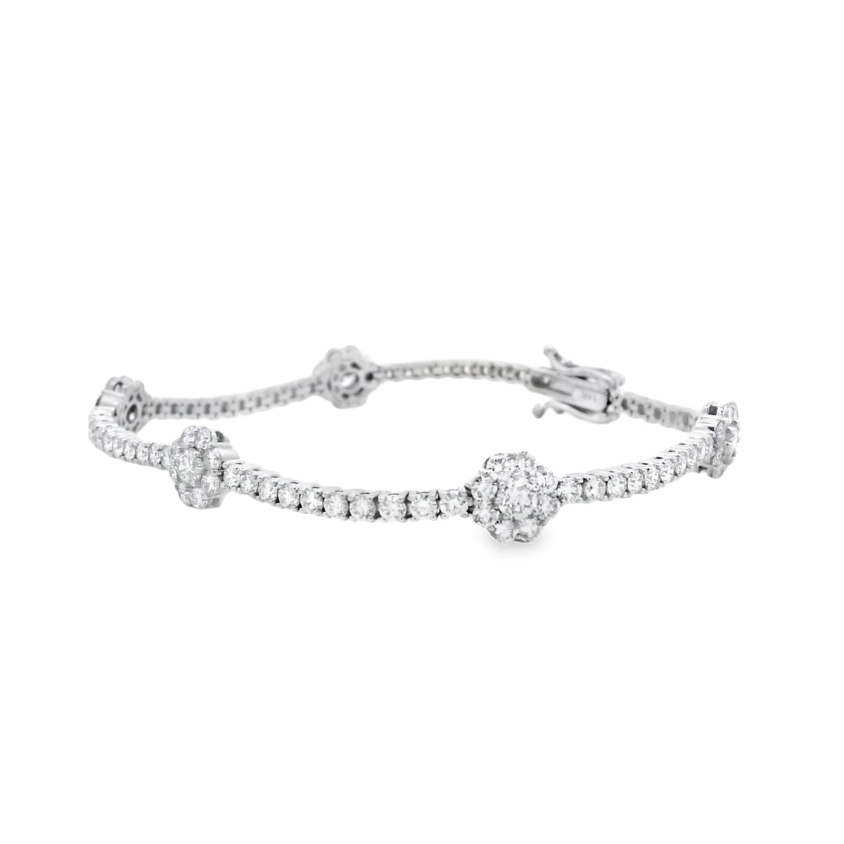 14k White Gold 4.85ctw Round Brilliant Diamond Flower Cluster Tennis Bracelet — left three-quarter angle