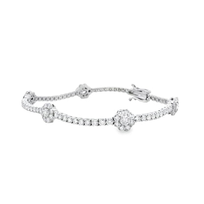 14k White Gold 4.85ctw Round Brilliant Diamond Flower Cluster Tennis Bracelet — left three-quarter angle