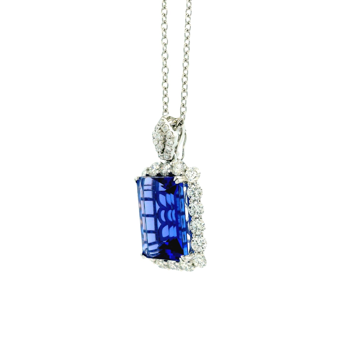 14k White Gold 13.50ct Emerald Cut Tanzanite & 2.54ctw Round Brilliant Diamond Halo Pendant… — left three-quarter angle