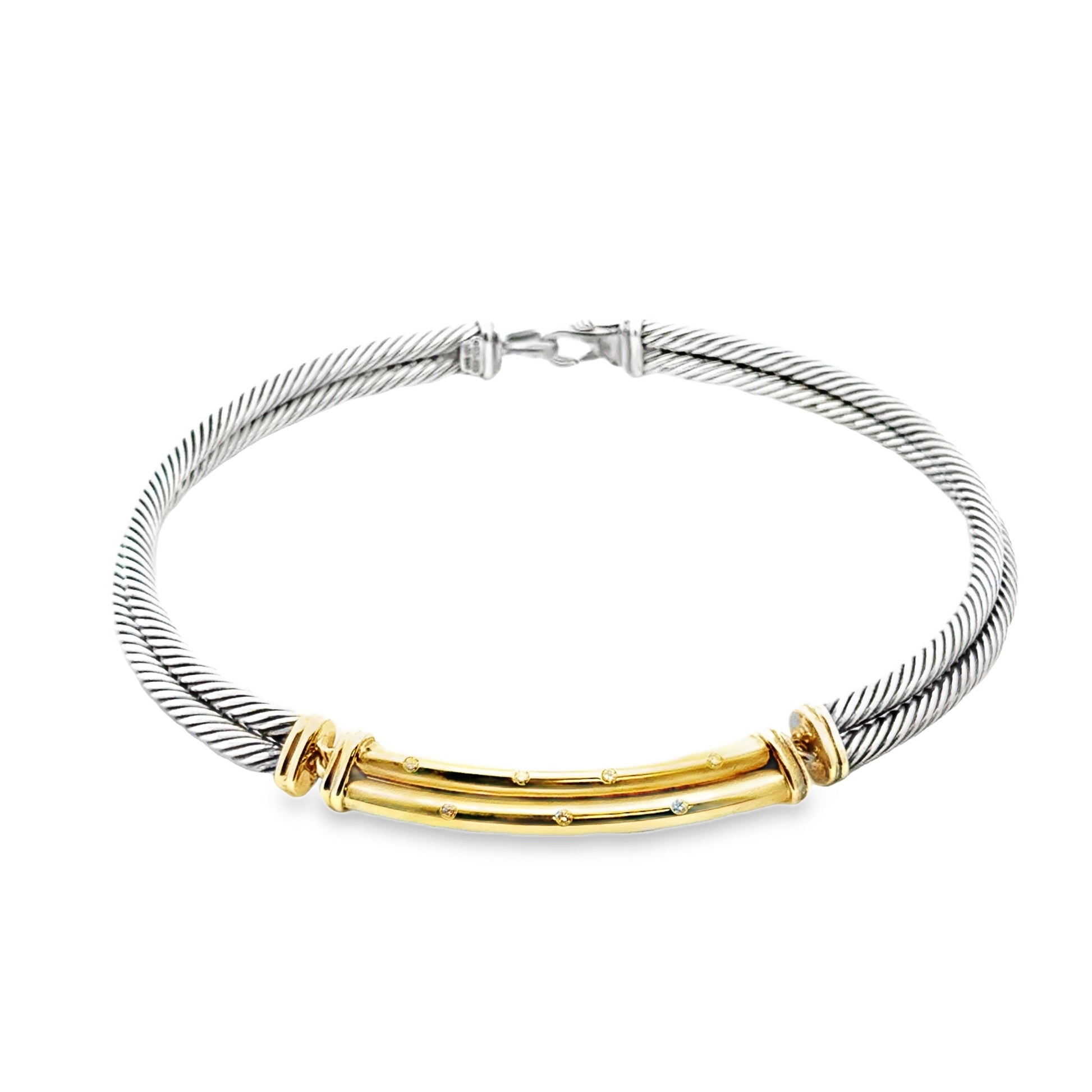 David Yurman Sterling Silver & 18k Gold Metro Diamond Choker Necklace 15" — left three-quarter angle