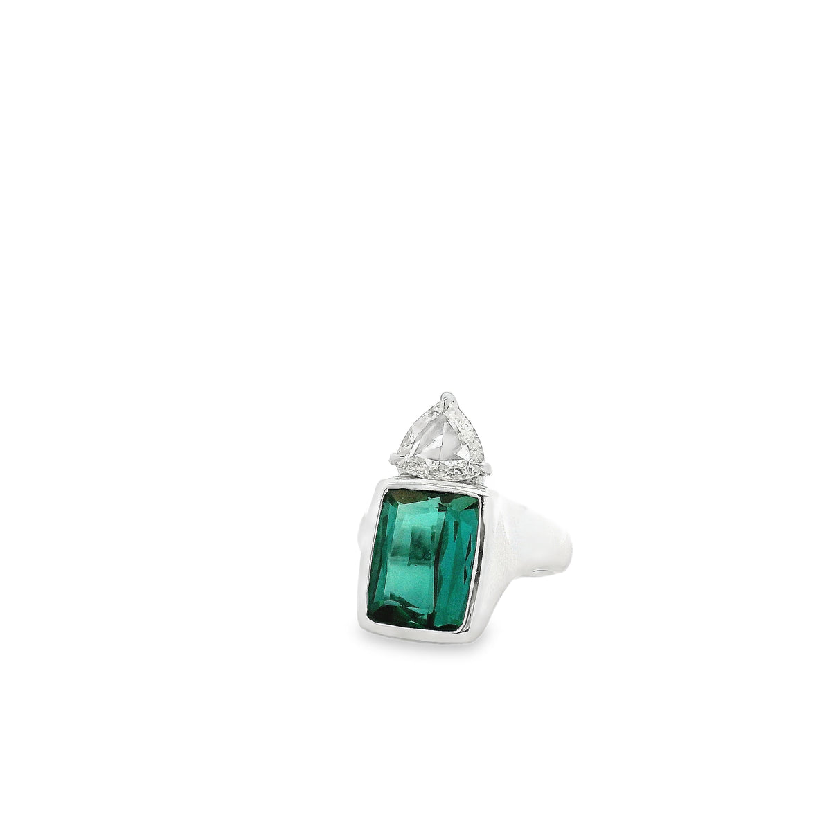 Platinum 4ct Tourmaline and 0.90ctw Trilliant Cut Diamond Ring — left three-quarter angle