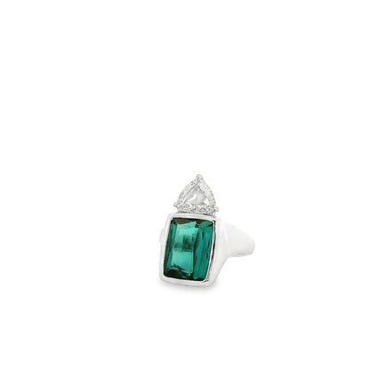 Platinum 4ct Tourmaline and 0.90ctw Trilliant Cut Diamond Ring — left three-quarter angle