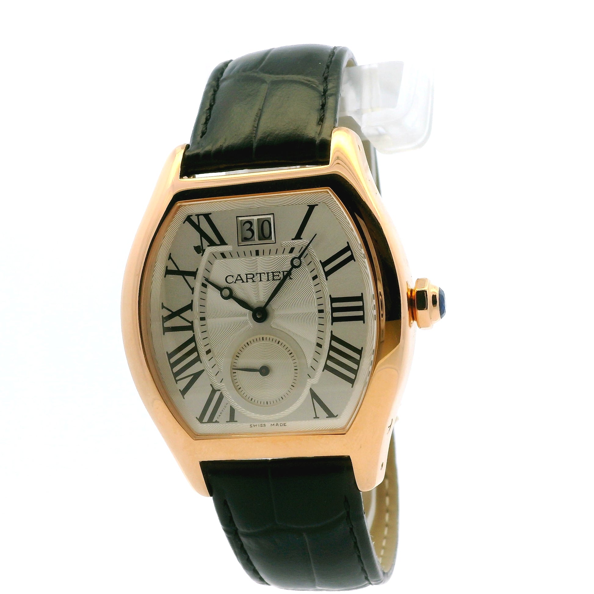 Cartier Tortue 18k Rose Gold 38mm Silver Dial Black Strap Watch — left side three-quarter view