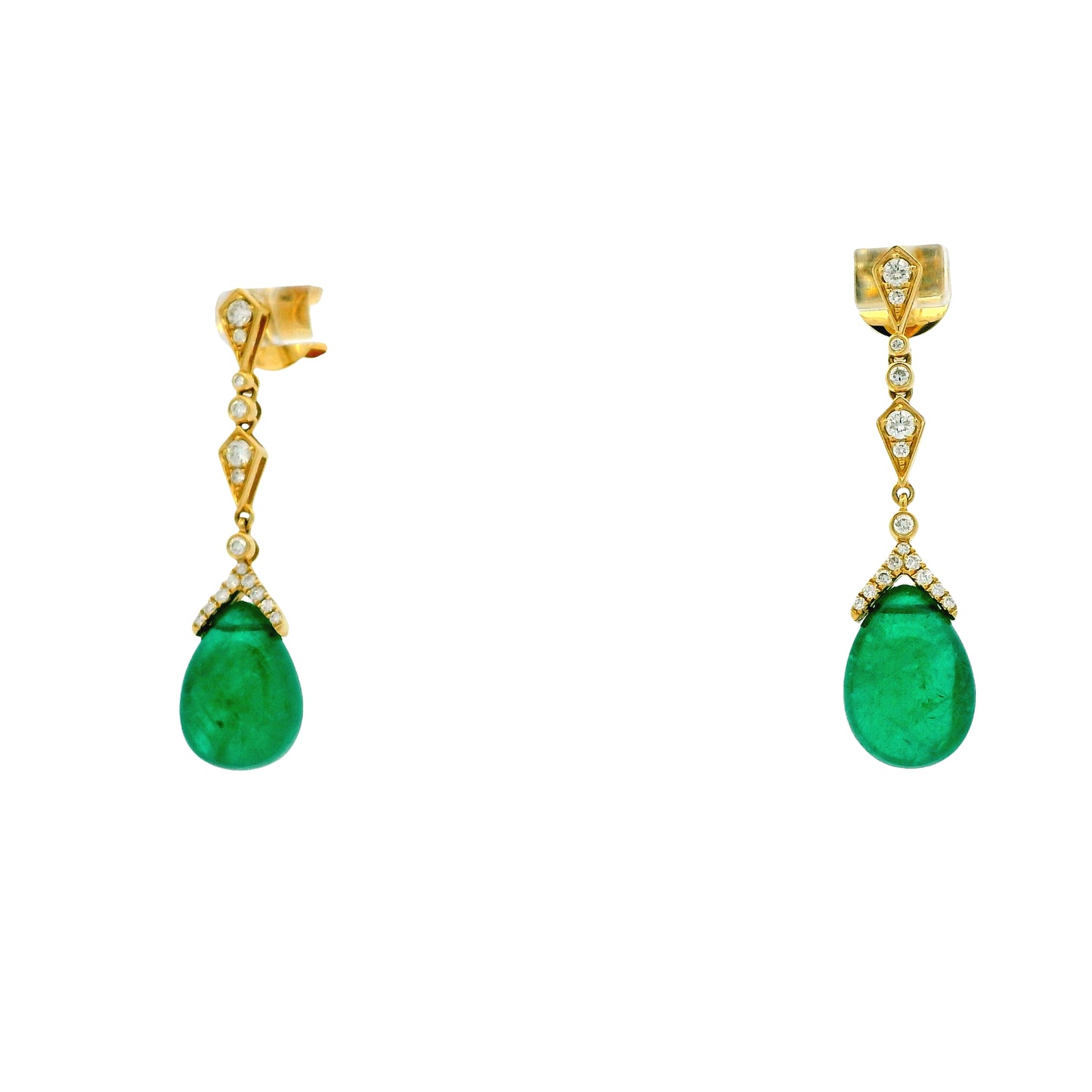18k Yellow Gold GIA Certified 14.91ct Natural Emerald and 0.44ctw Round Diamond Dangle Earrings — left three-quarter angle