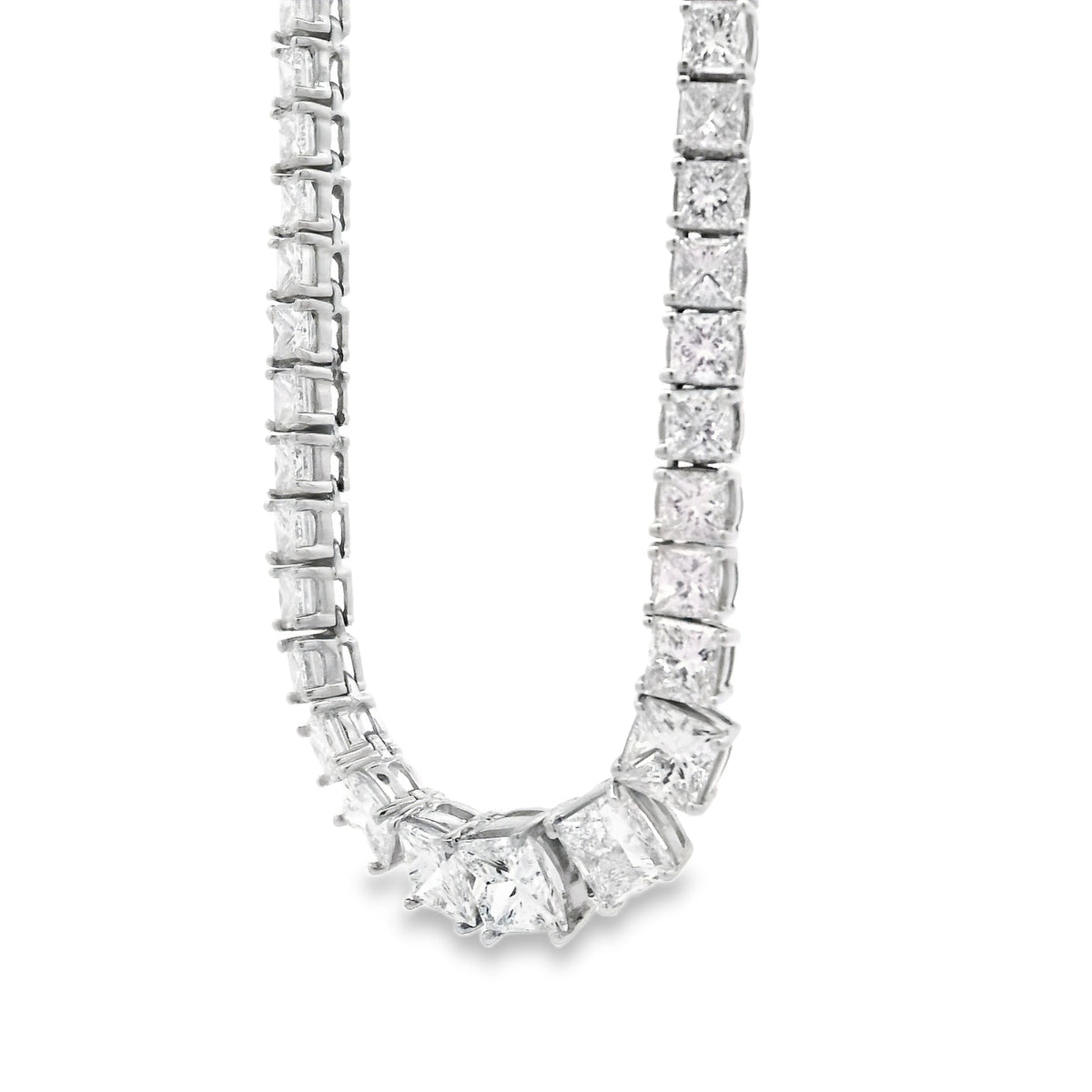 18k White Gold 19.06ctw Princess Cut Diamond Graduated Tennis Necklace 16" — left three-quarter angle
