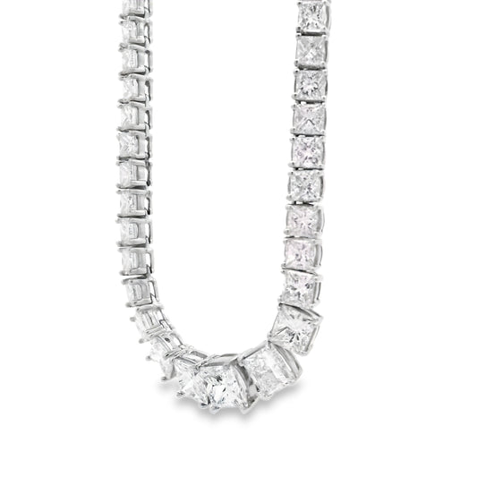 18k White Gold 19.06ctw Princess Cut Diamond Graduated Tennis Necklace 16" — left three-quarter angle