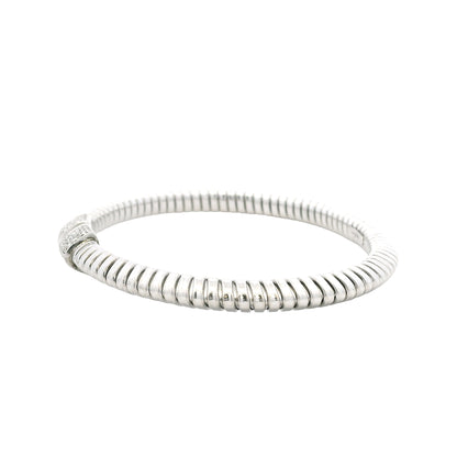 18k White Gold 0.48ctw Round Brilliant Diamond Ribbed Pavé Bangle Bracelet — left three-quarter angle
