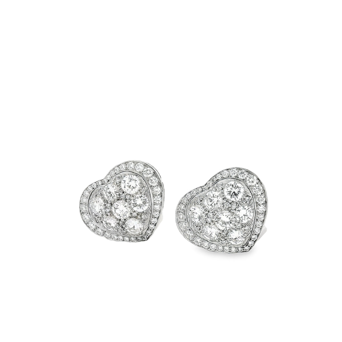 Platinum 8.00ctw Round Brilliant Diamond Heart Shape Cluster Earrings — left three-quarter angle