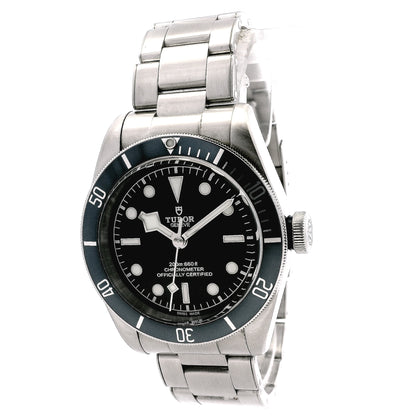 Tudor Heritage 41mm Black Dial Blue Rotating Bezel Stainless Steel Watch — left side three-quarter view