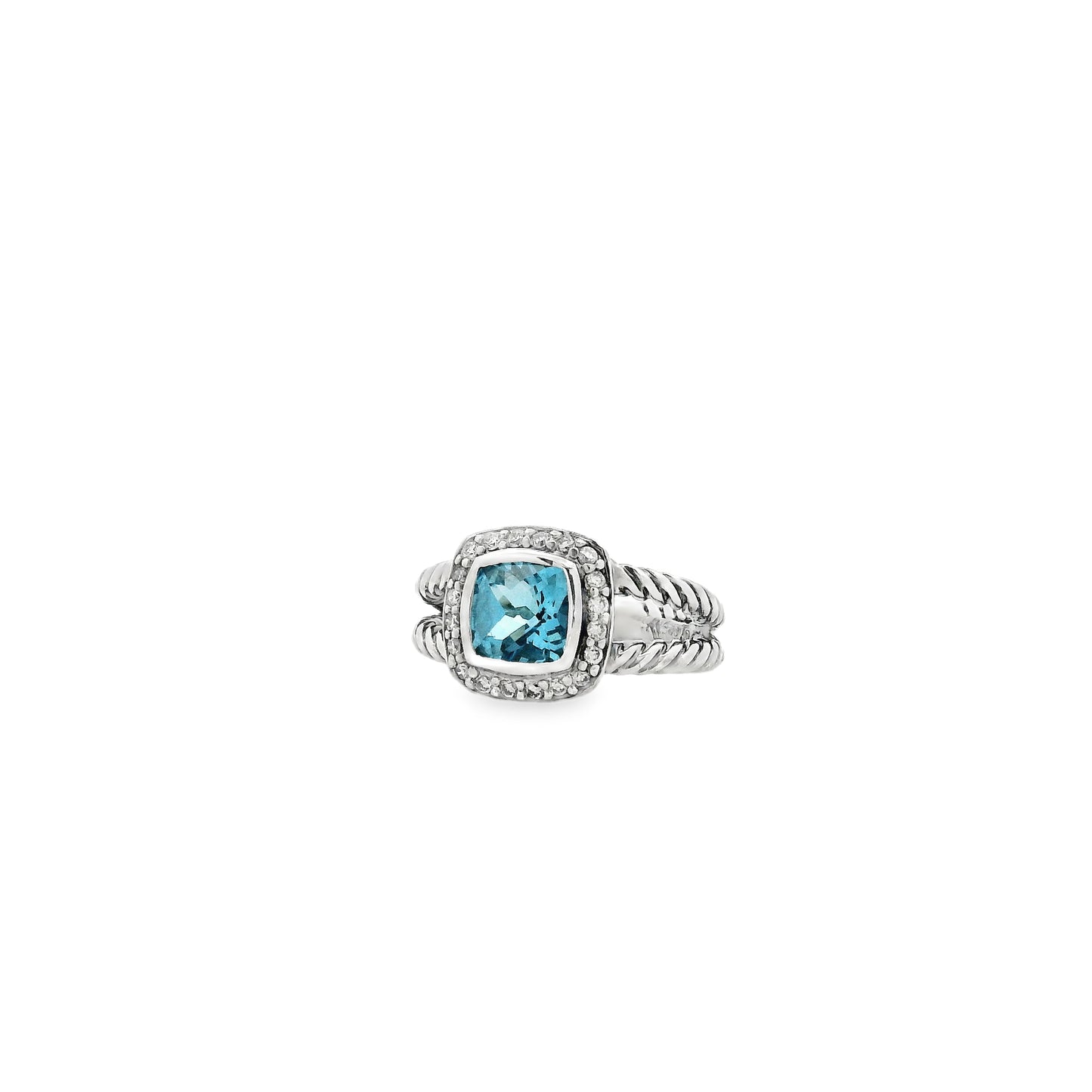 David Yurman Petite Albion Sterling Silver Blue Topaz and Diamond Ring — left three-quarter angle