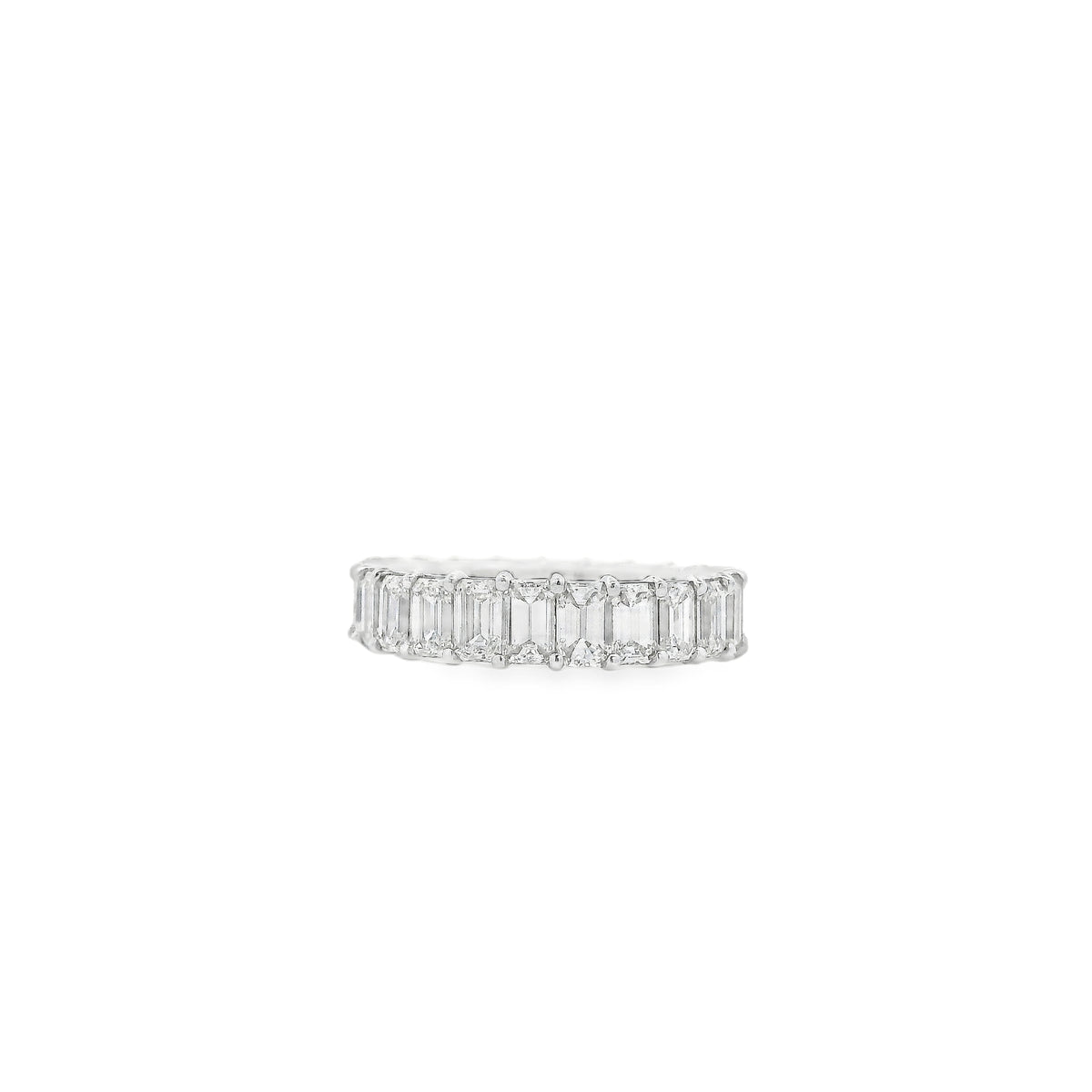 18k White Gold 4.76ctw Natural Emerald Cut Emerald Eternity Band Ring — left three-quarter angle