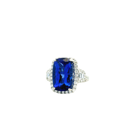 Platinum 9.35ct Cushion Cut Tanzanite and Diamond Halo Cocktail Ring — left three-quarter angle