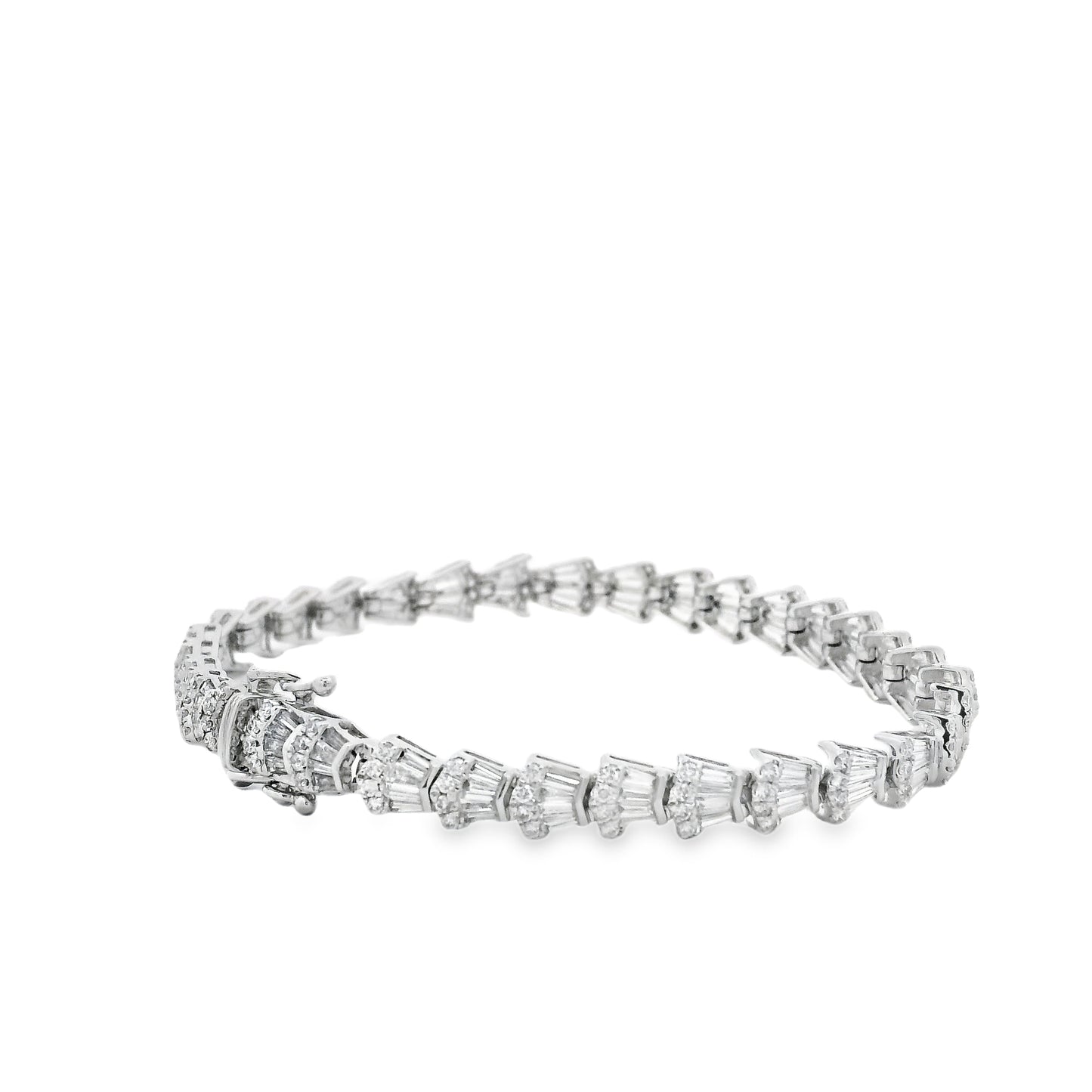 14k White Gold 5.05ctw Baguette Cut and Round Diamond Tennis Bracelet — left three-quarter angle