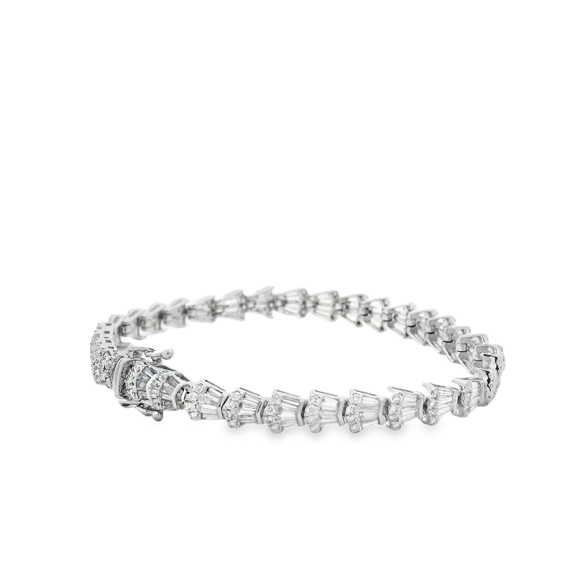 14k White Gold 5.05ctw Baguette Cut and Round Diamond Tennis Bracelet — left three-quarter angle