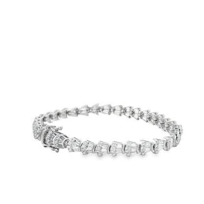 14k White Gold 5.05ctw Baguette Cut and Round Diamond Tennis Bracelet — left three-quarter angle