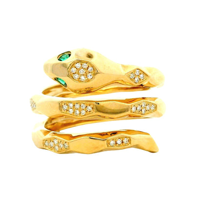 14k Yellow Gold 0.15ct Round Brilliant Diamond and 0.07ct Emerald Cut Diamond Snake Wrap Ring — left three-quarter angle