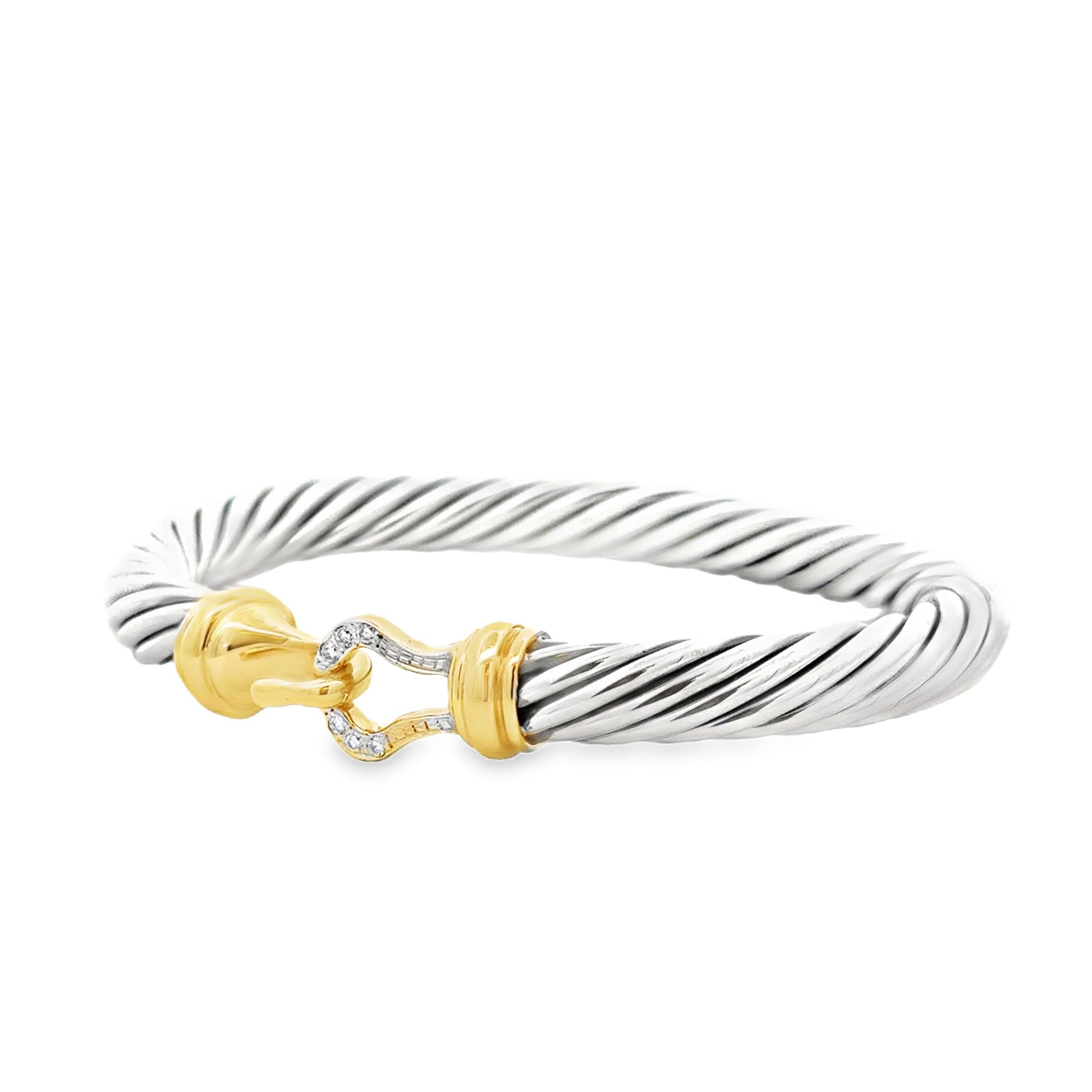 David Yurman Silver and 14k Gold Classic Cable Buckle Bangle Bracelet — left three-quarter angle