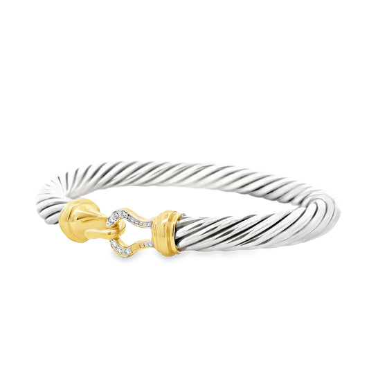 David Yurman Silver and 14k Gold Classic Cable Buckle Bangle Bracelet — left three-quarter angle