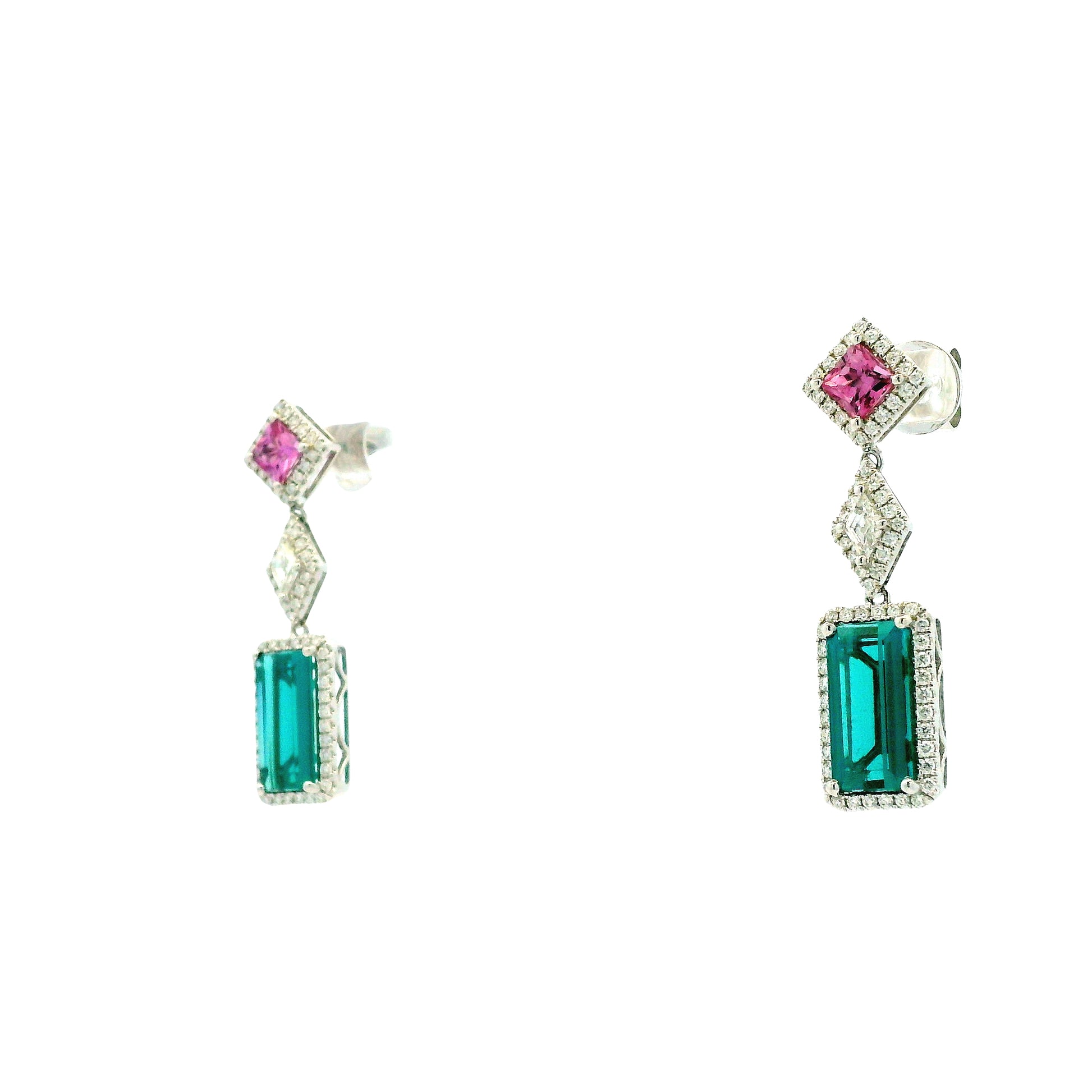 14k White Gold 6.52ctw Blue Tourmaline, Pink Sapphire, and Diamond Drop Earrings — left three-quarter angle