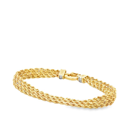 18k Yellow Gold Rope Bracelet with Diamond Studded Clasp — left three-quarter angle