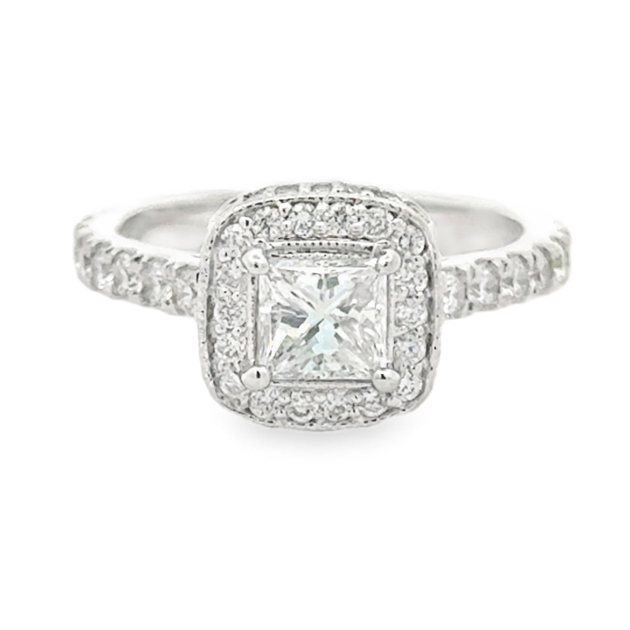 18k White Gold 0.72ct Princess Cut Diamond Halo Engagement Ring — left three-quarter angle