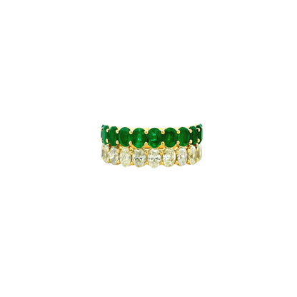 14k Yellow Gold 1.52ct Oval Diamond and 1.85ctw Emerald Two-Row Cocktail Ring — left three-quarter angle