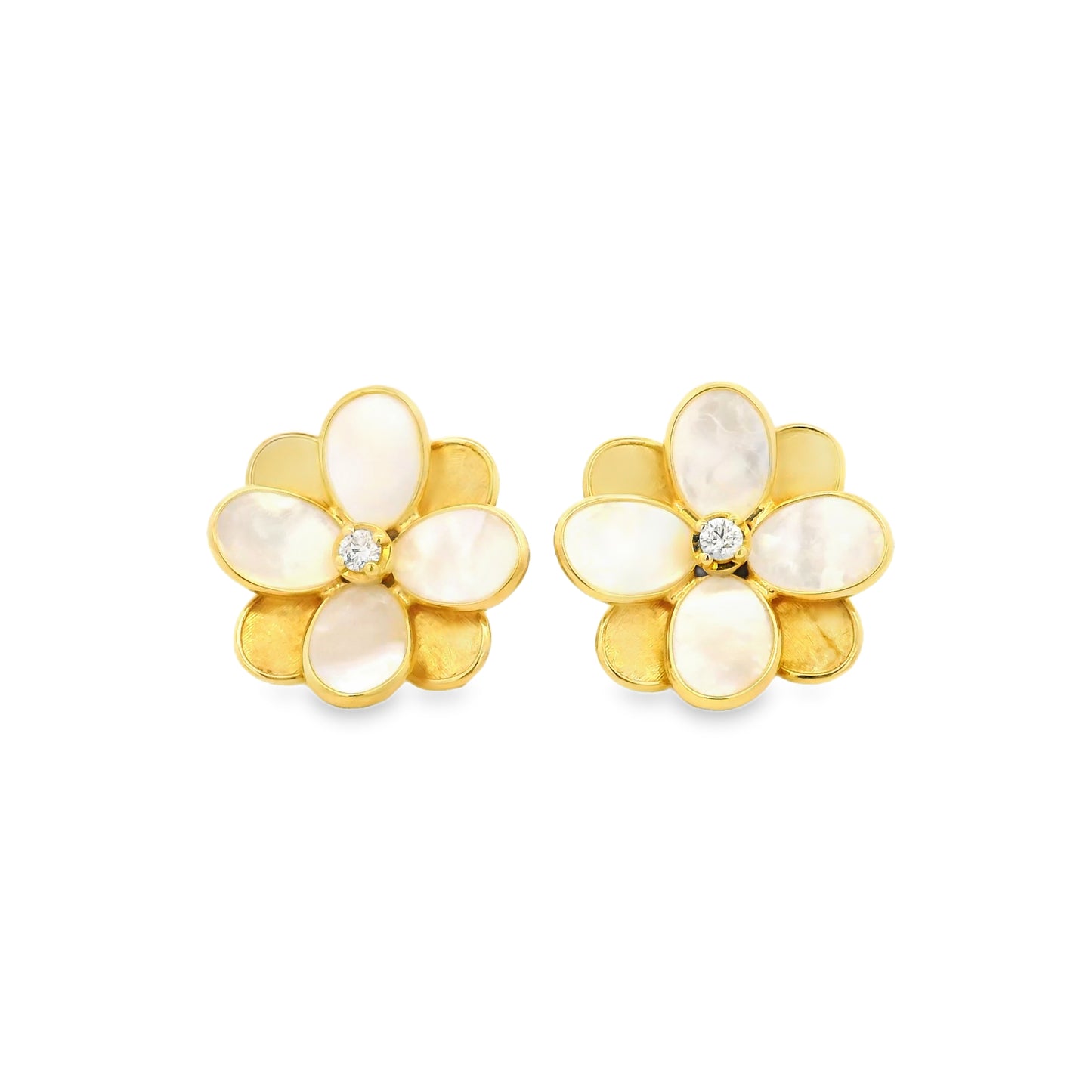 Marco Bicego 18k Yellow Gold 0.60ctw Diamond and Mother of Pearl Petali Flower Stud Earrings — left three-quarter angle